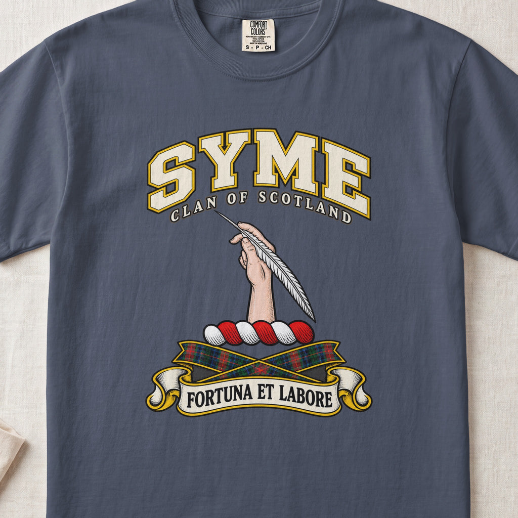 Syme Scottish clan T-shirt in Midnight, front view with a hand holding a feather and motto design.