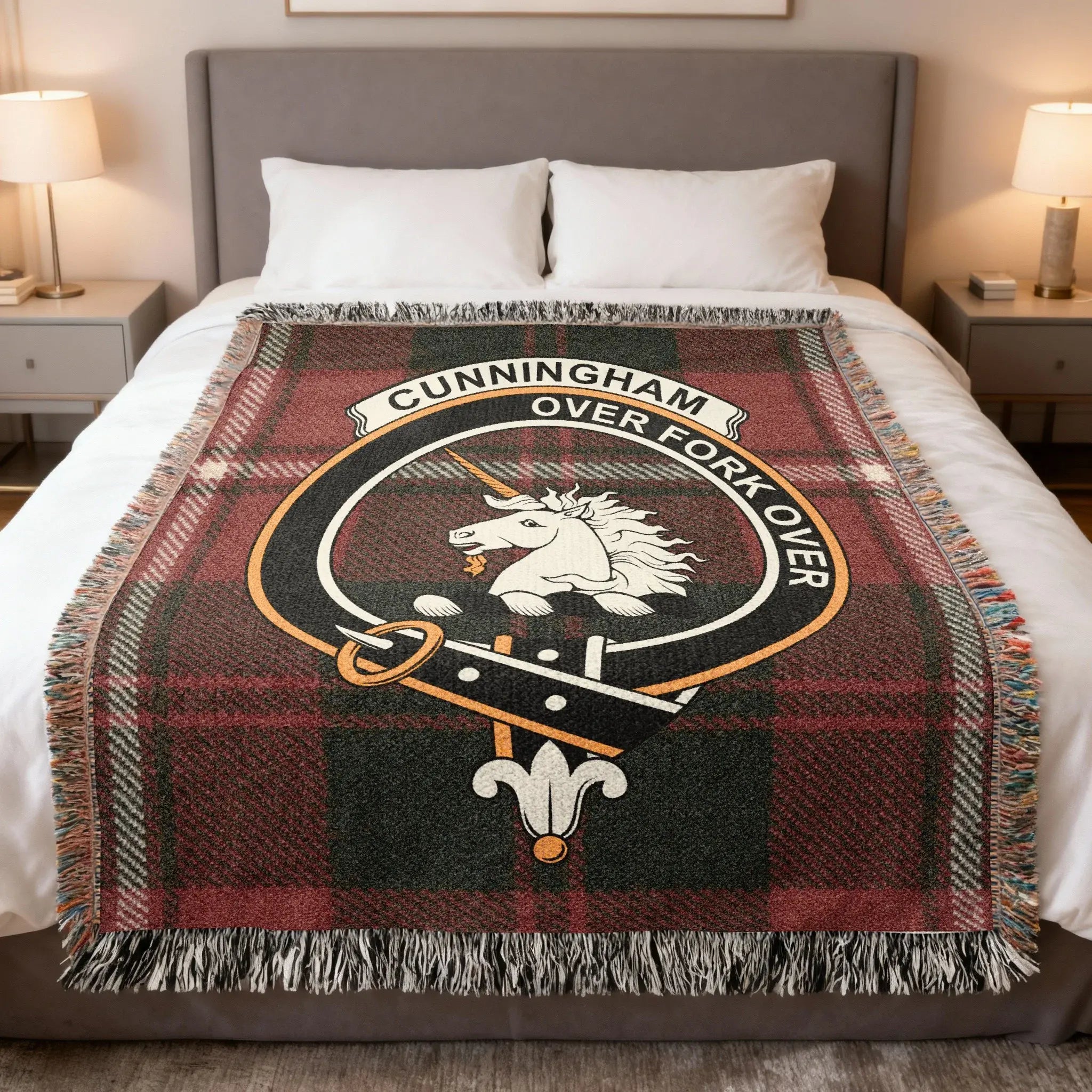 Cunningham clan tartan woven blanket — 100% cotton with unicorn crest and Over Fork Over design