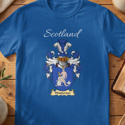 Royal blue Watterton unisex heritage T-shirt with the family shield and surname design.