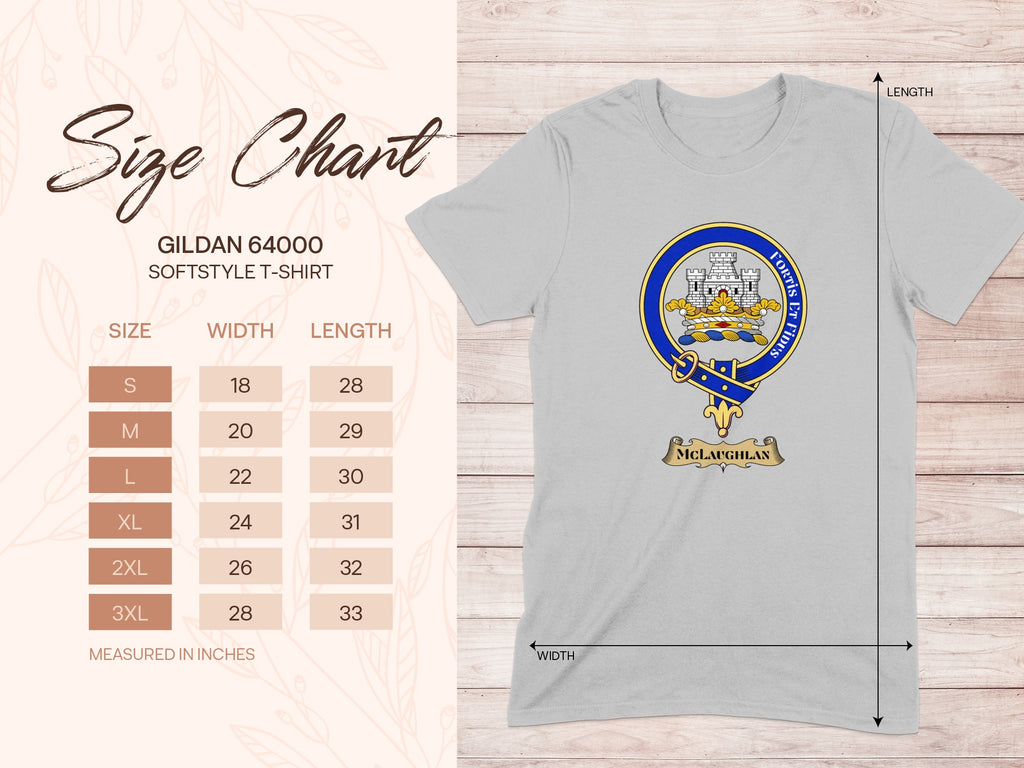 Gildan 64000 size chart for McLaughlan Scottish clan crest T-shirt