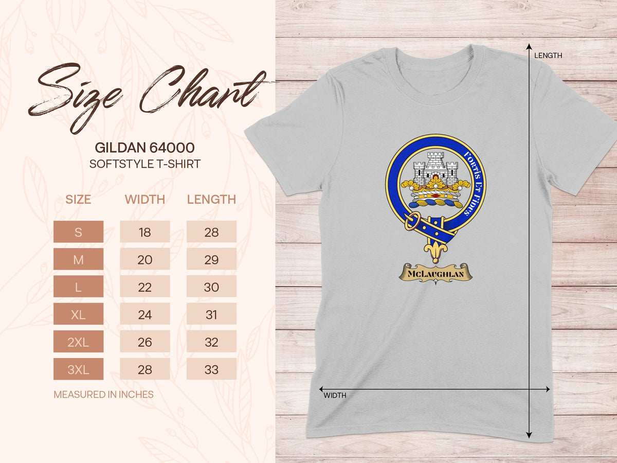 Gildan 64000 size chart for McLaughlan Scottish clan crest T-shirt