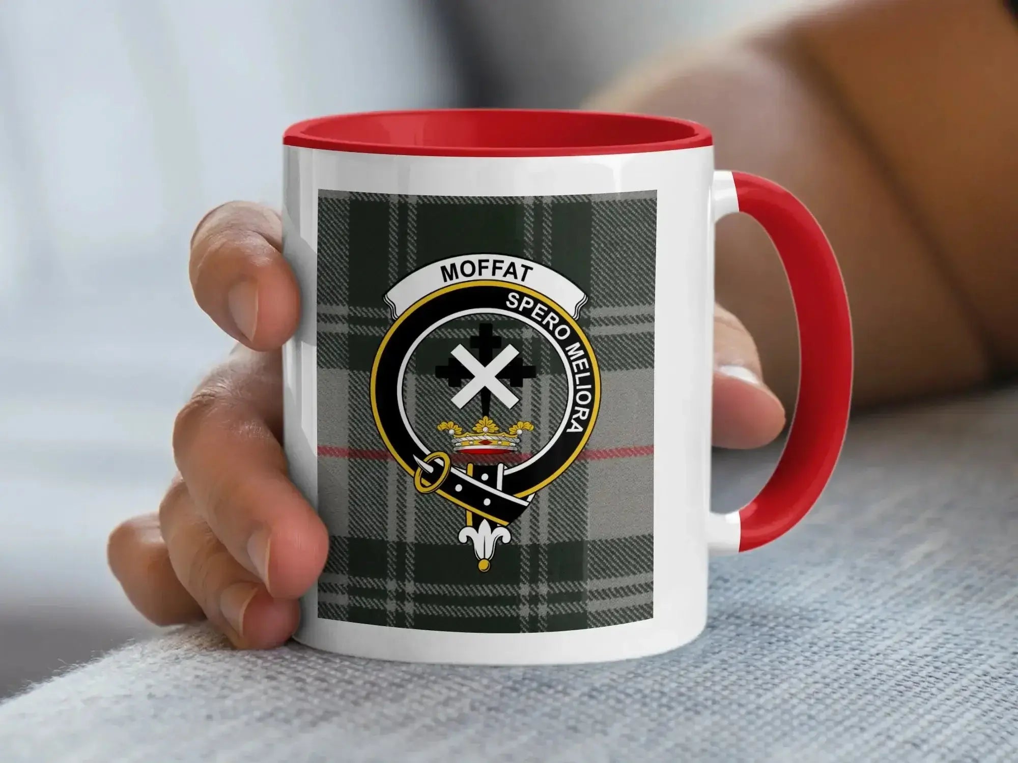 Moffat tartan crest accent mug — 15 oz with black handle, Scottish clan heritage design