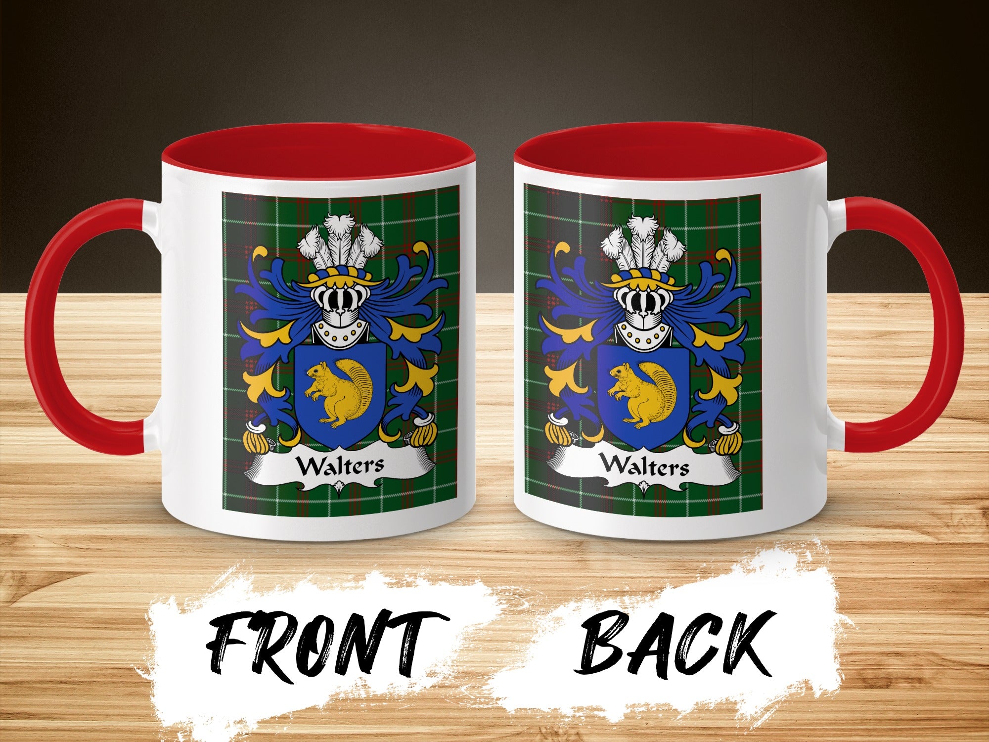 Two white mugs with red handles and interiors, displaying the Walters family crest on a tartan background.