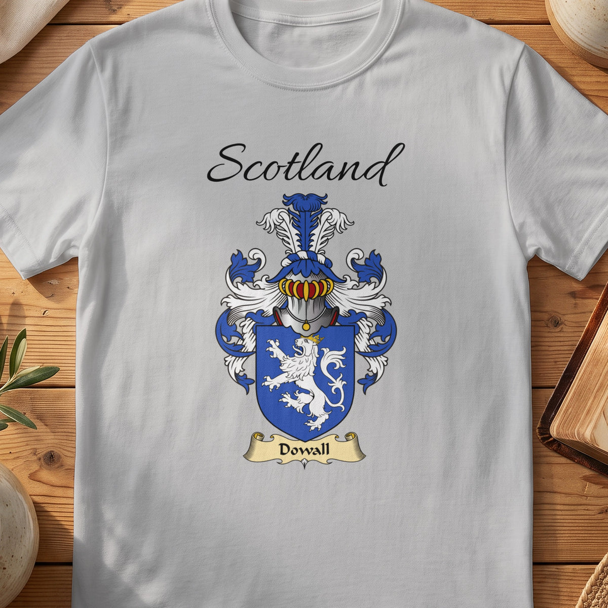 Sport Grey Dowall Scottish family shield T-shirt featuring a white lion on a blue shield