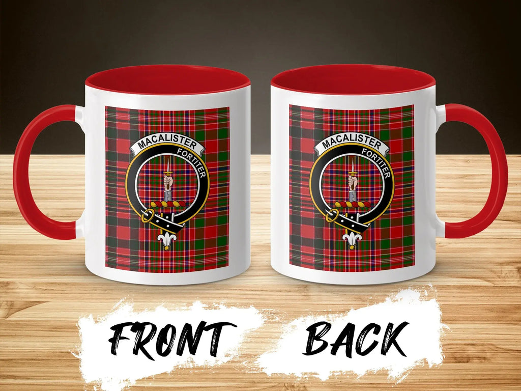 MacAlister Fortiter plaid crest design coffee mug with red handle — clan design on 11oz