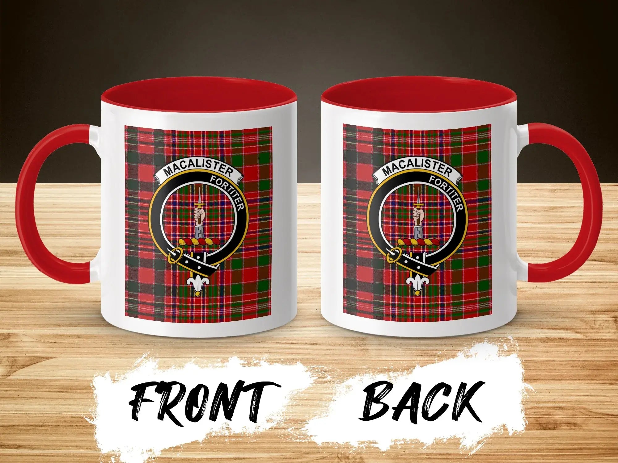 MacAlister Fortiter plaid crest design coffee mug with red handle — clan design on 11oz