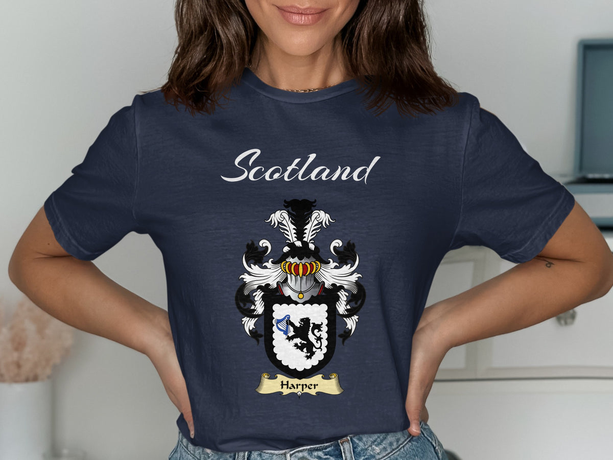 Harper Scottish family shield design on Navy T-shirt