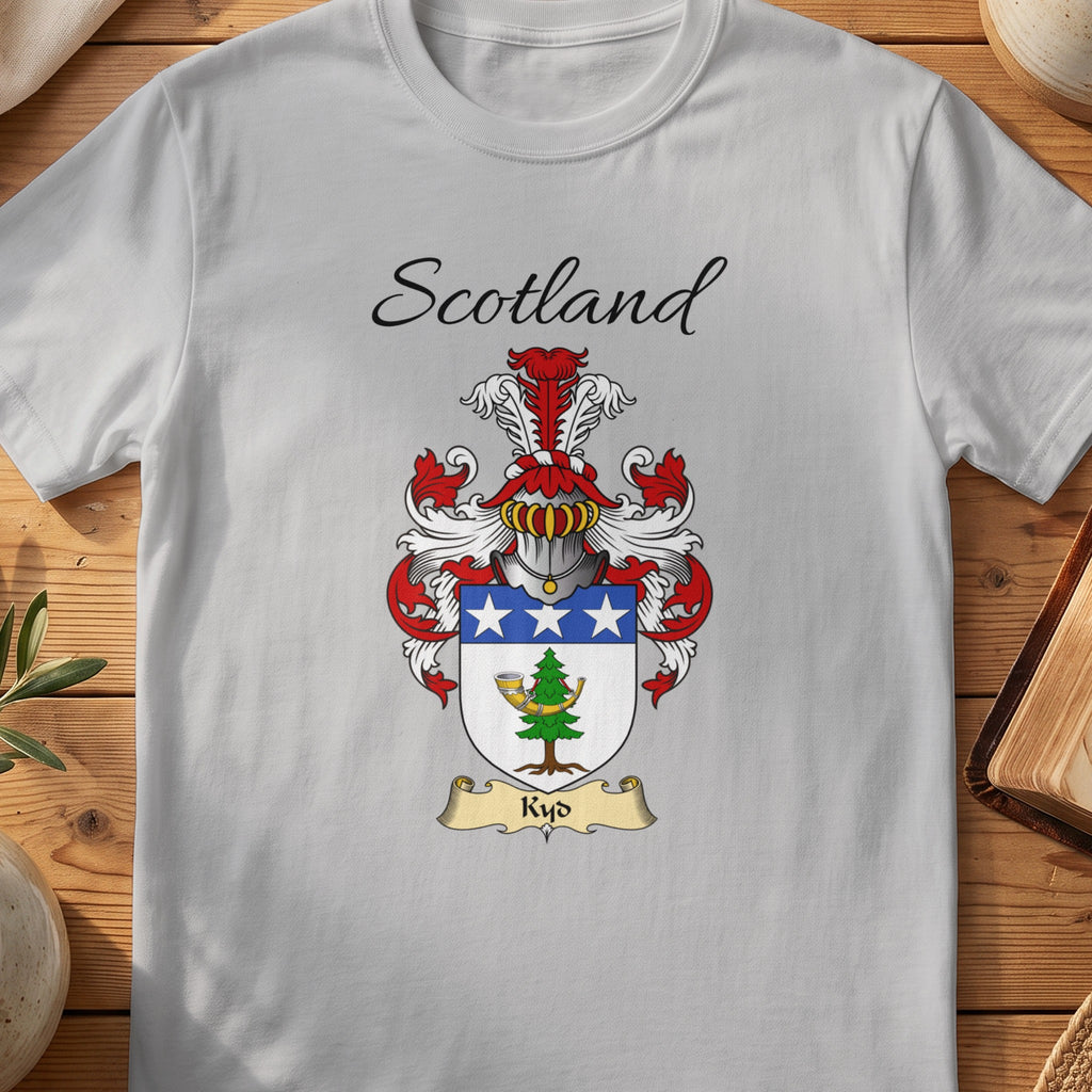 Sport Grey Kyd Scottish family shield T-shirt featuring a blue top band with white stars above a green motif