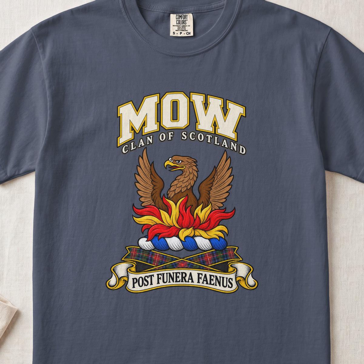 Mow Scottish clan T-shirt in Midnight, front view with a brown bird with spread wings rising above red and gold flames and motto design.