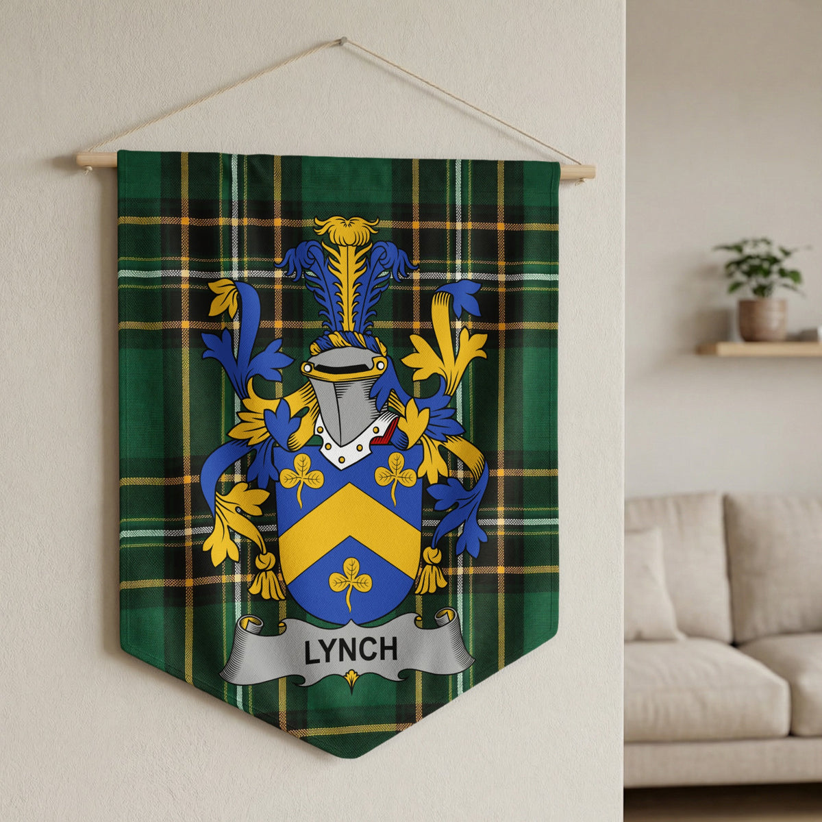 Lynch Irish Family Crest wall pennant hanging in a room