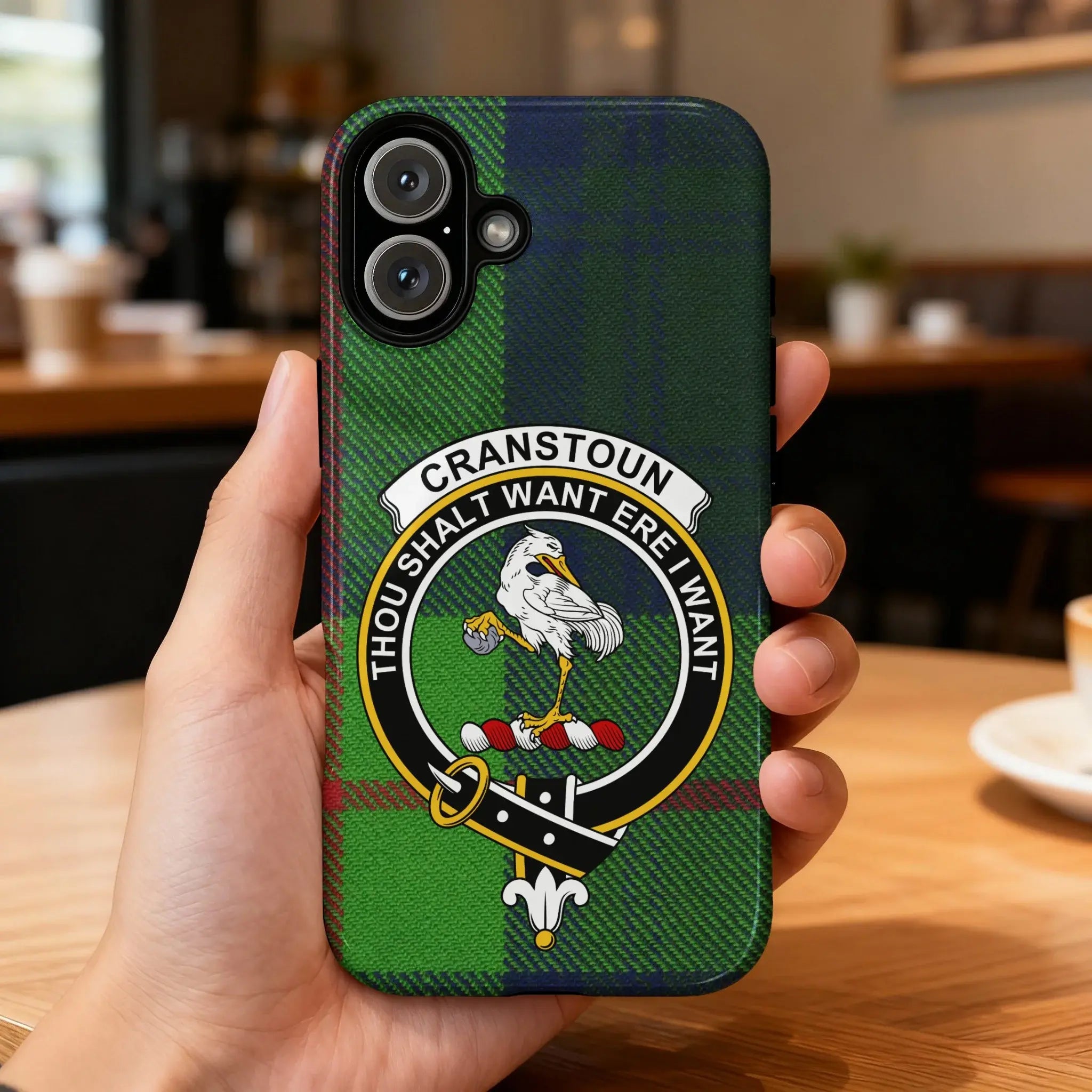 Clan Cranstoun tartan phone case — glossy 3D wrap print, crest design, iPhone model