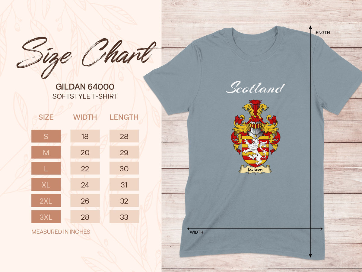 Gildan 64000 size chart for Jackson Scottish family shield T-shirt