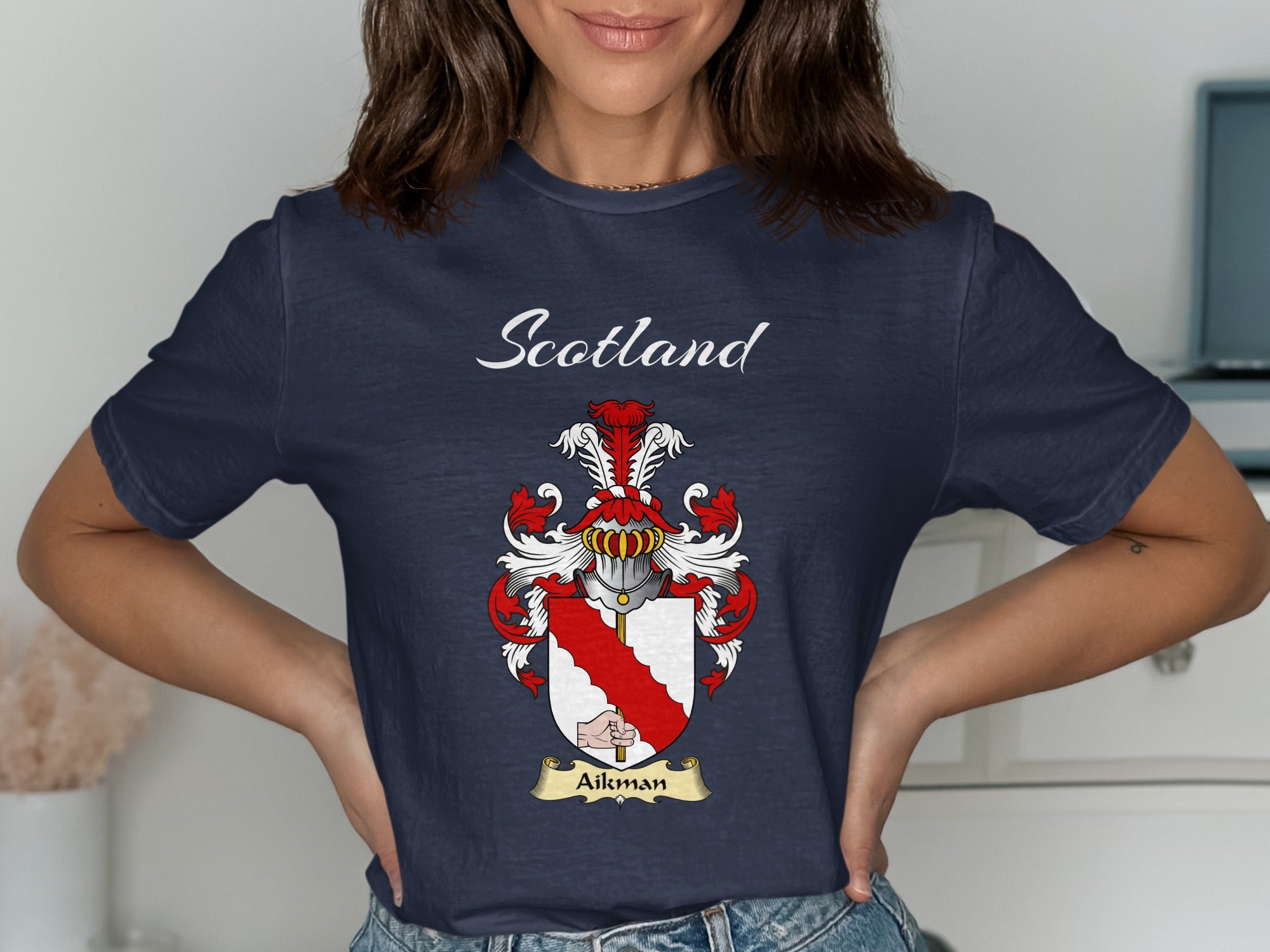 Aikman Scottish family shield design on Navy T-shirt