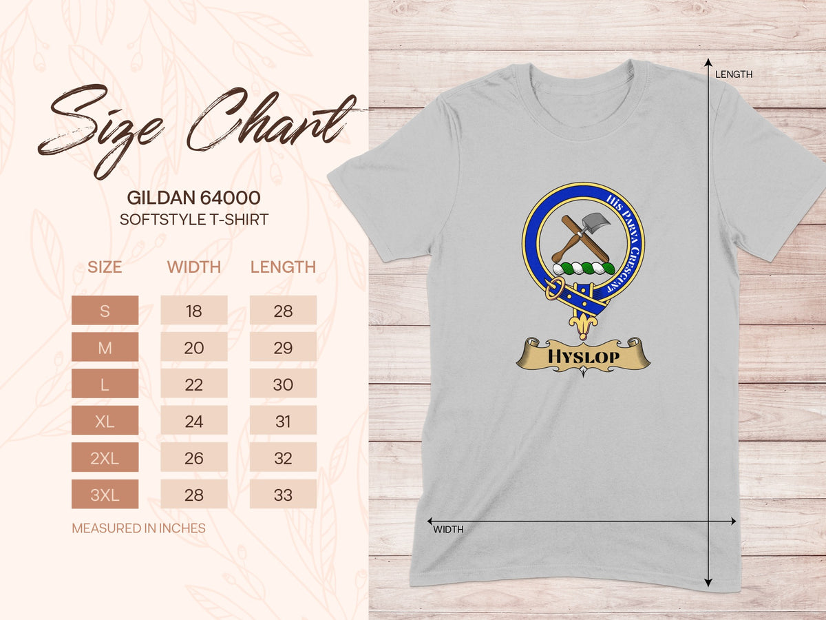 Gildan 64000 size chart for Hyslop Scottish clan crest T-shirt