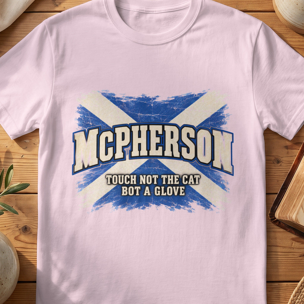 McPherson Scottish Saltire T-shirt in Light Pink, with distressed blue and cream flag and “Touch Not the Cat Bot a Glove” lettering.