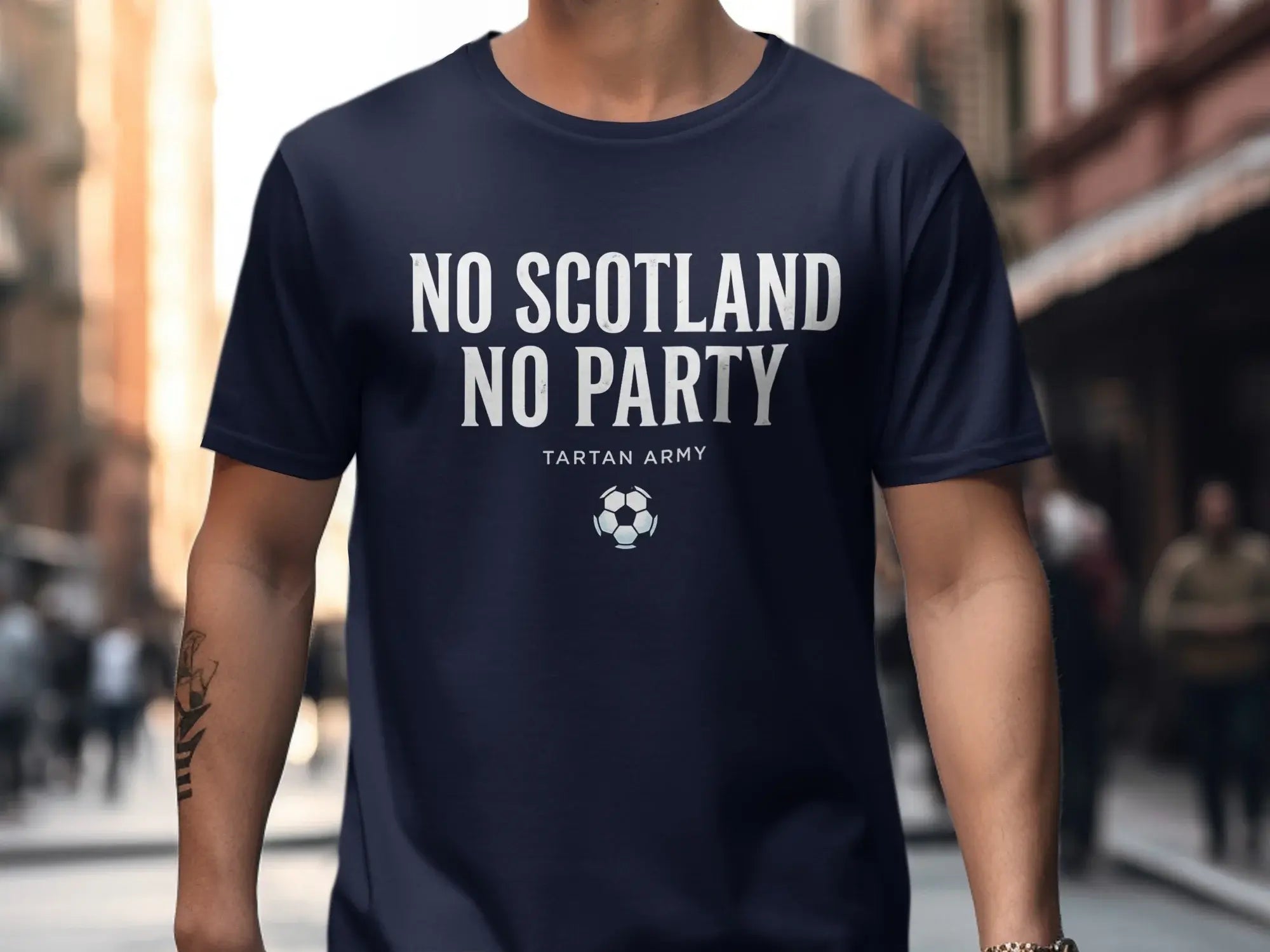 Navy t-shirt with "No Scotland No Party" and a soccer ball.