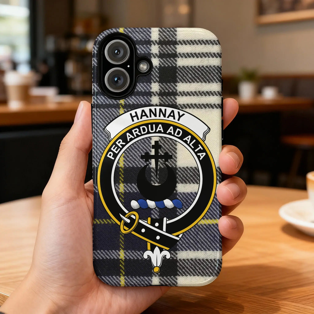 Clan Hannay crest tartan phone case — glossy full-wrap print with clan crest and Per Ardua Ad Alta on iPhone