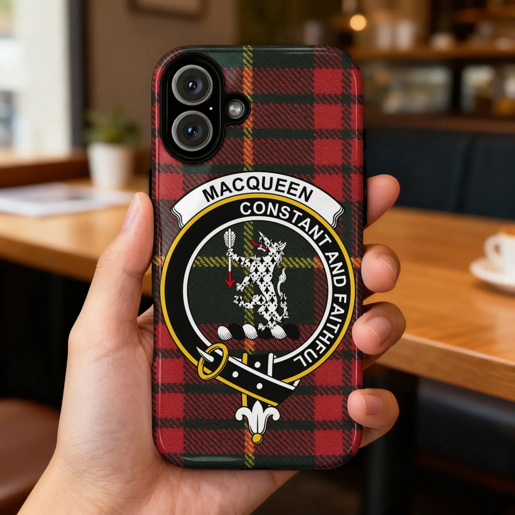 Clan MacQueen tartan crest phone case — Samsung Galaxy shown, full-colour wrap and impact-resistant build