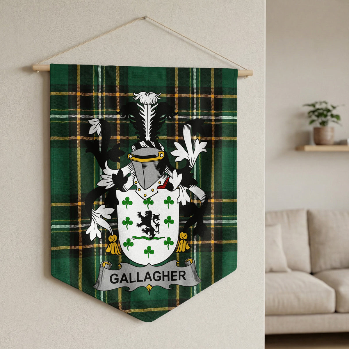 Gallagher family crest displayed on a green tartan banner hanging on a wall.