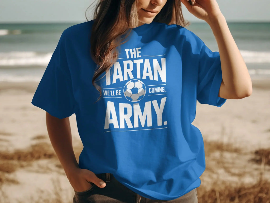 Blue t-shirt with "The Tartan Army we'll be coming" and soccer ball graphic.