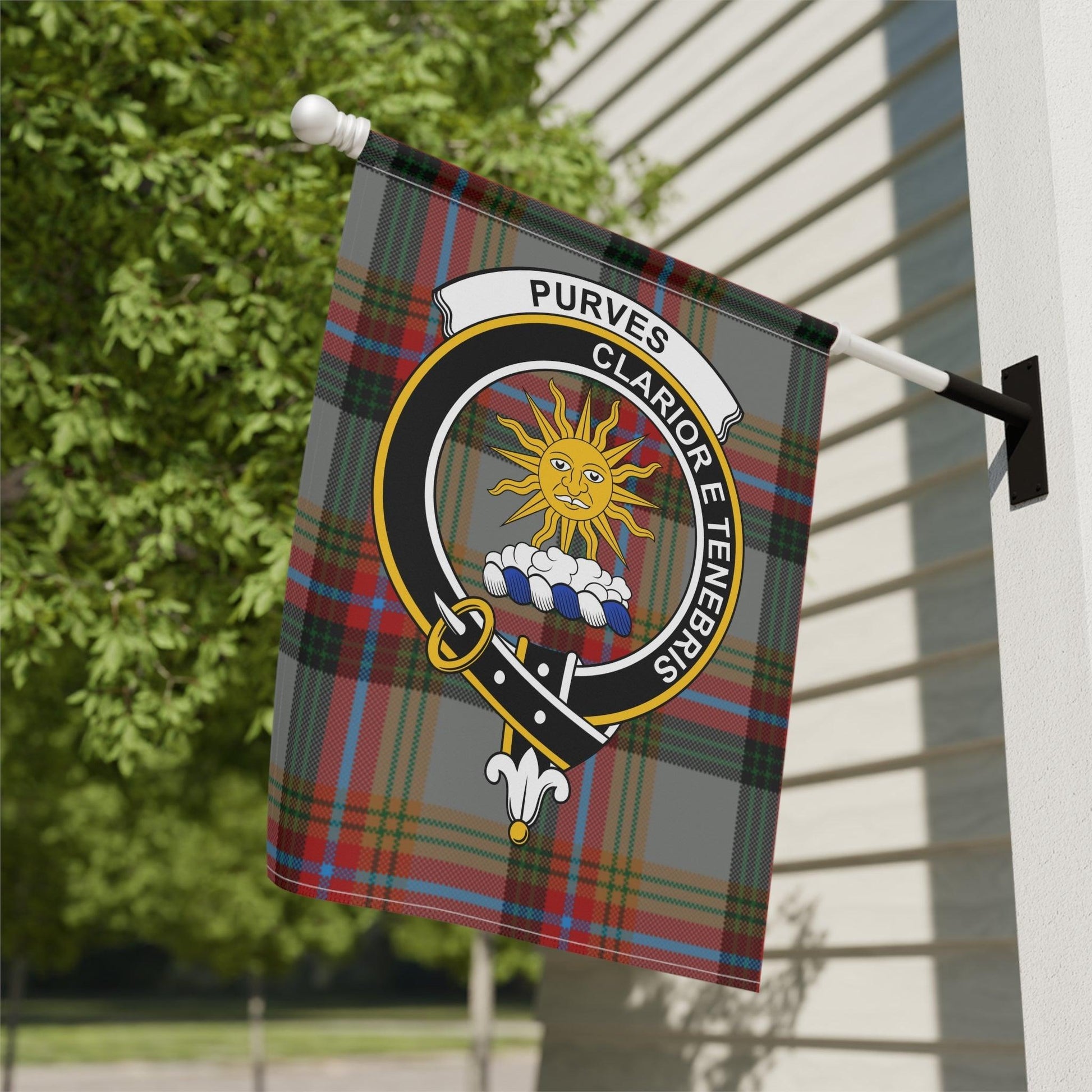 Purves Clan Scottish Tartan Crest Garden Flag - Celtic Ancestry Gifts