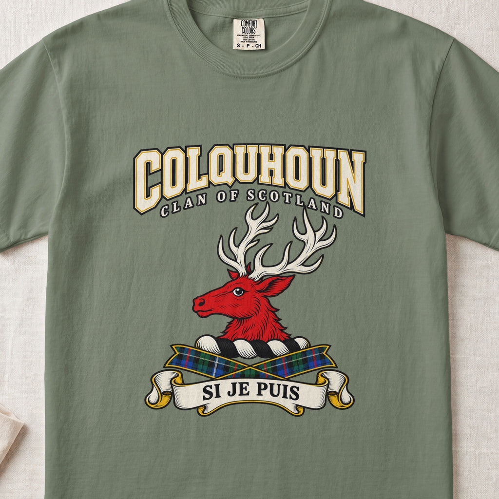 Colquhoun Scottish clan graphic T-shirt in Moss, front view