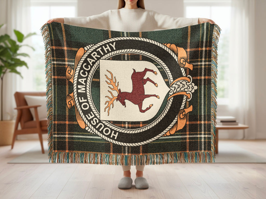MacCarthy surname blanket showing Irish National Tartan woven design