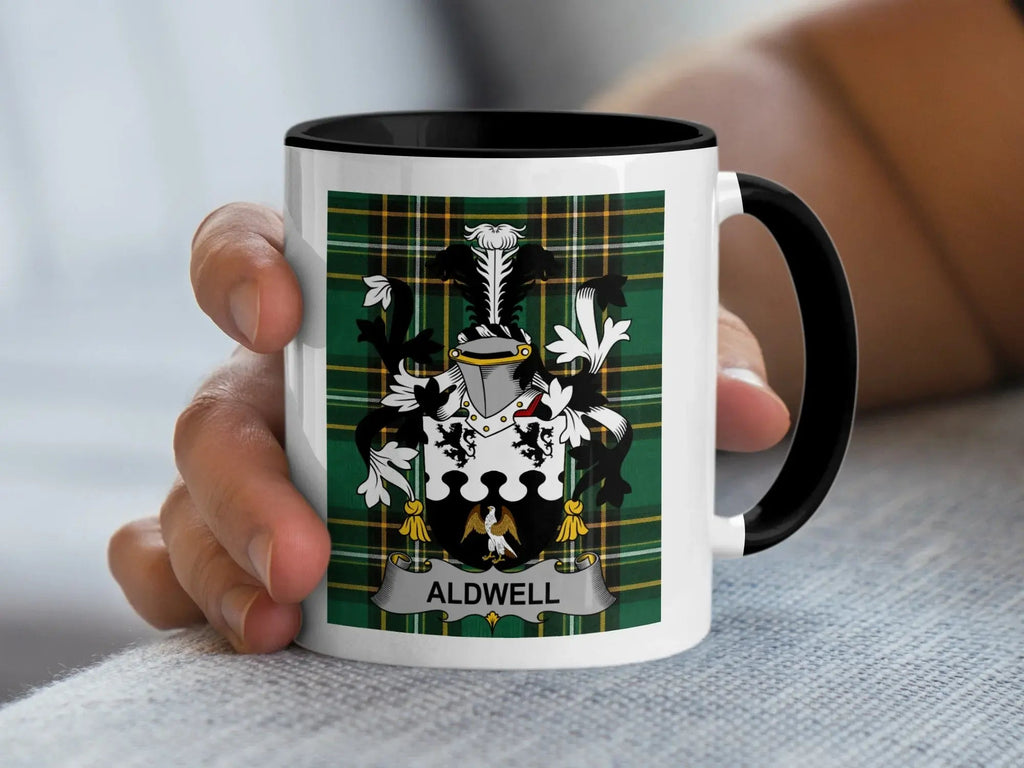 Aldwell Irish heritage accent mug with black handle and family crest on Irish National Tartan