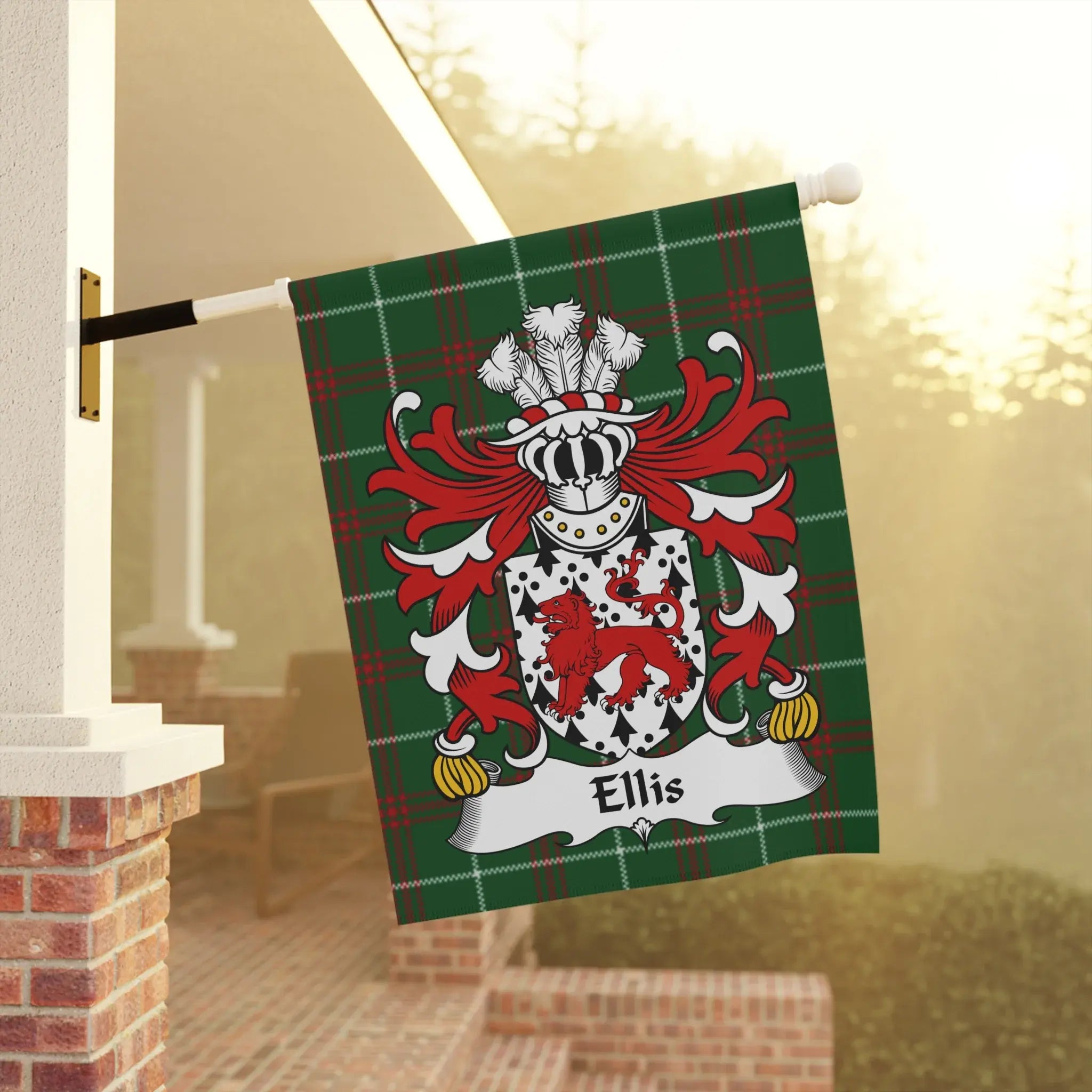 Ellis family crest on a green tartan flag flying from a porch.
