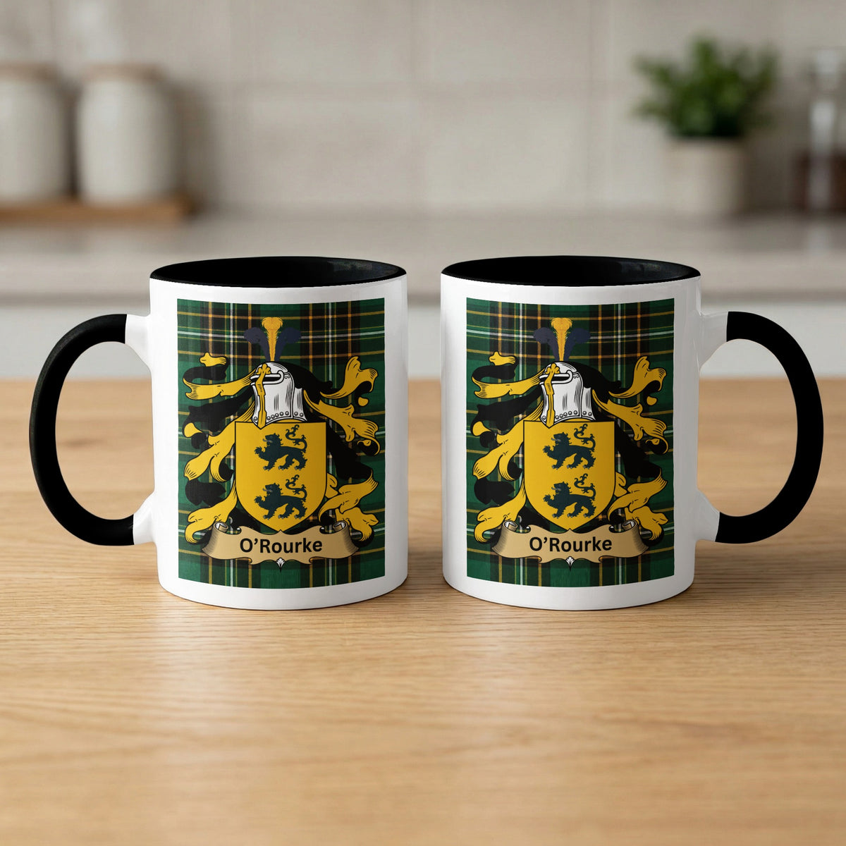Pair of O'Rourke Irish National Tartan family crest mugs