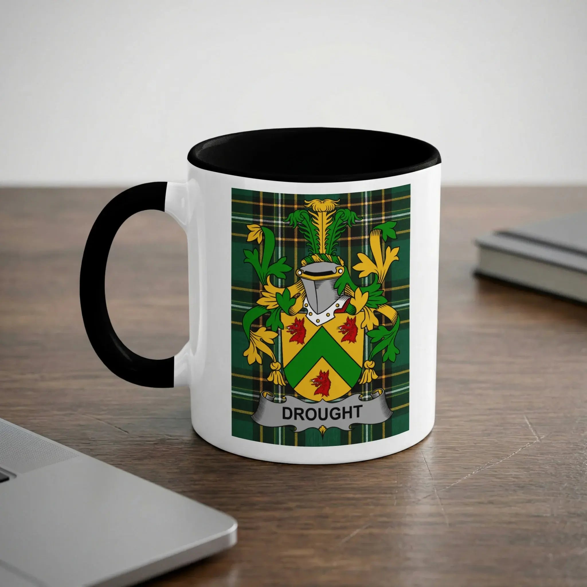 White mug with black handle featuring the "Drought" family crest.