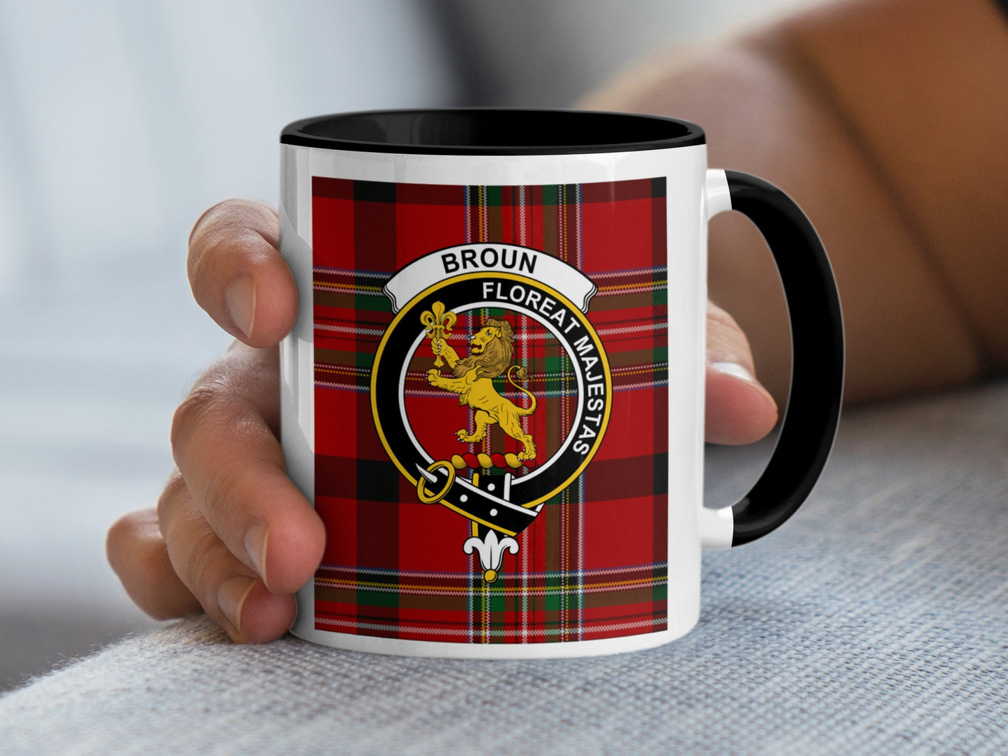 Scottish Clan Broun Crest and Tartan Design Mug - Living Stone Gifts