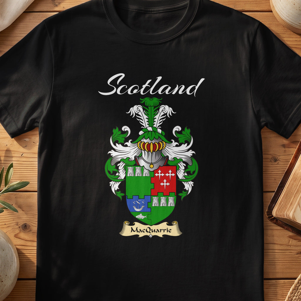 Black MacQuarrie Scottish T-shirt featuring a green shield with contrasting coloured quarters