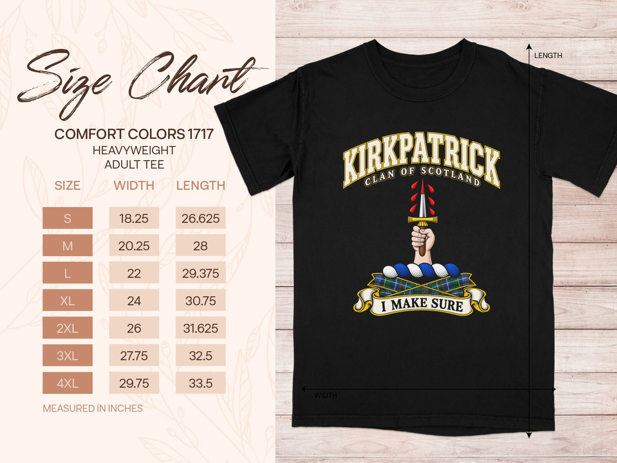 Comfort Colors 1717 size chart for the Kirkpatrick Scottish clan T-shirt, adult sizes S–4XL.
