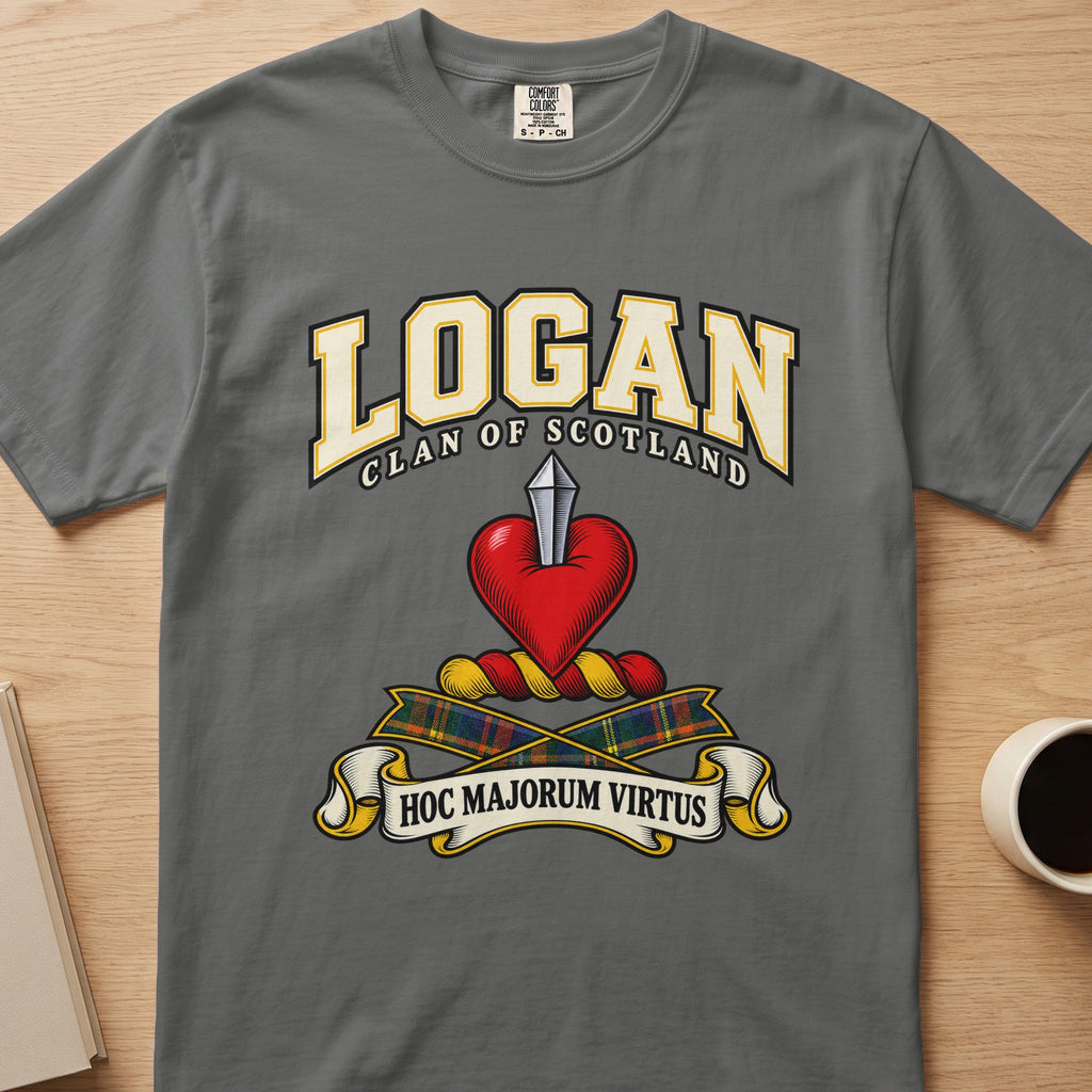 Logan clan crest with red heart and silver blade on a gray Comfort Colors T-shirt, front view