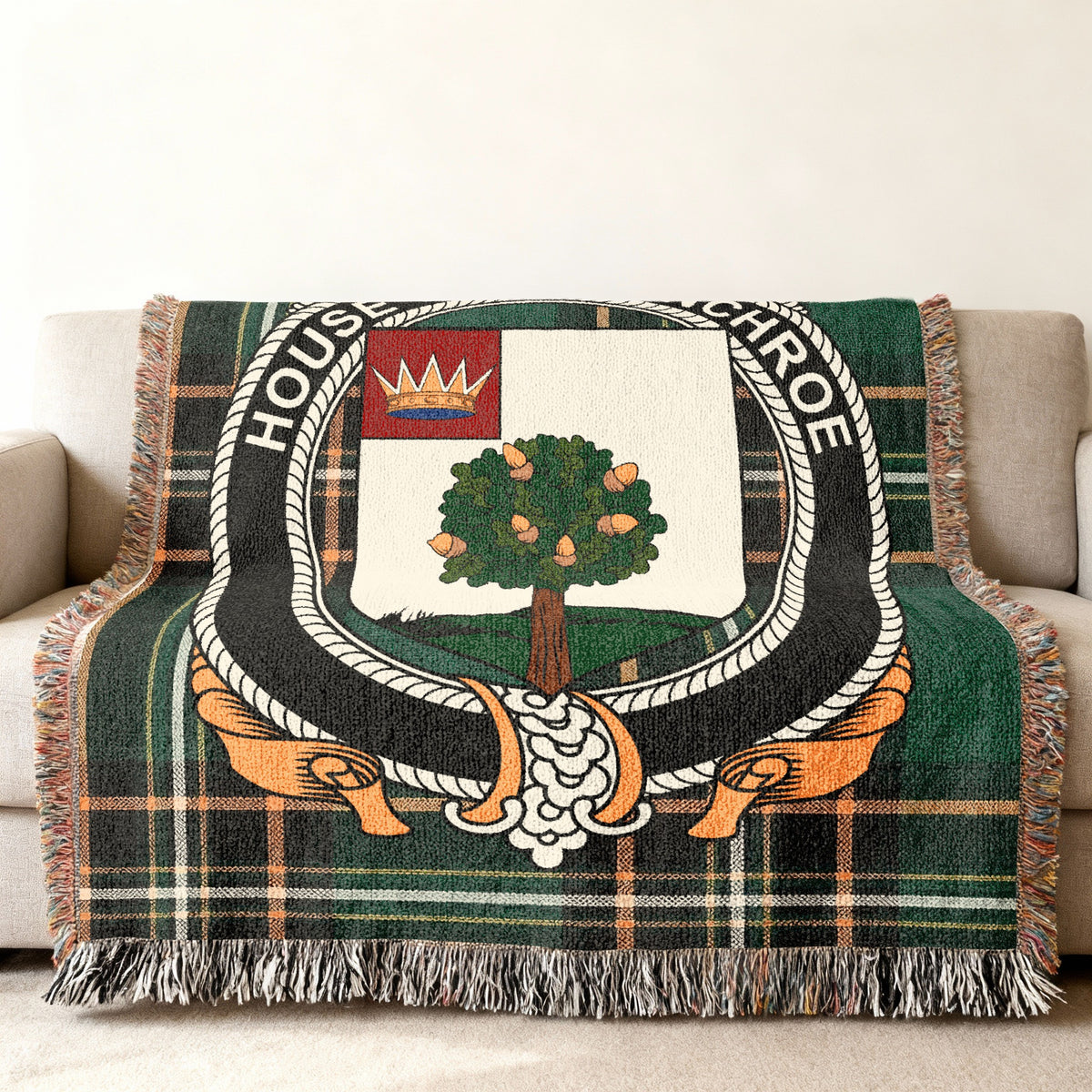 MacEnroe Irish National Tartan woven blanket displayed on a sofa