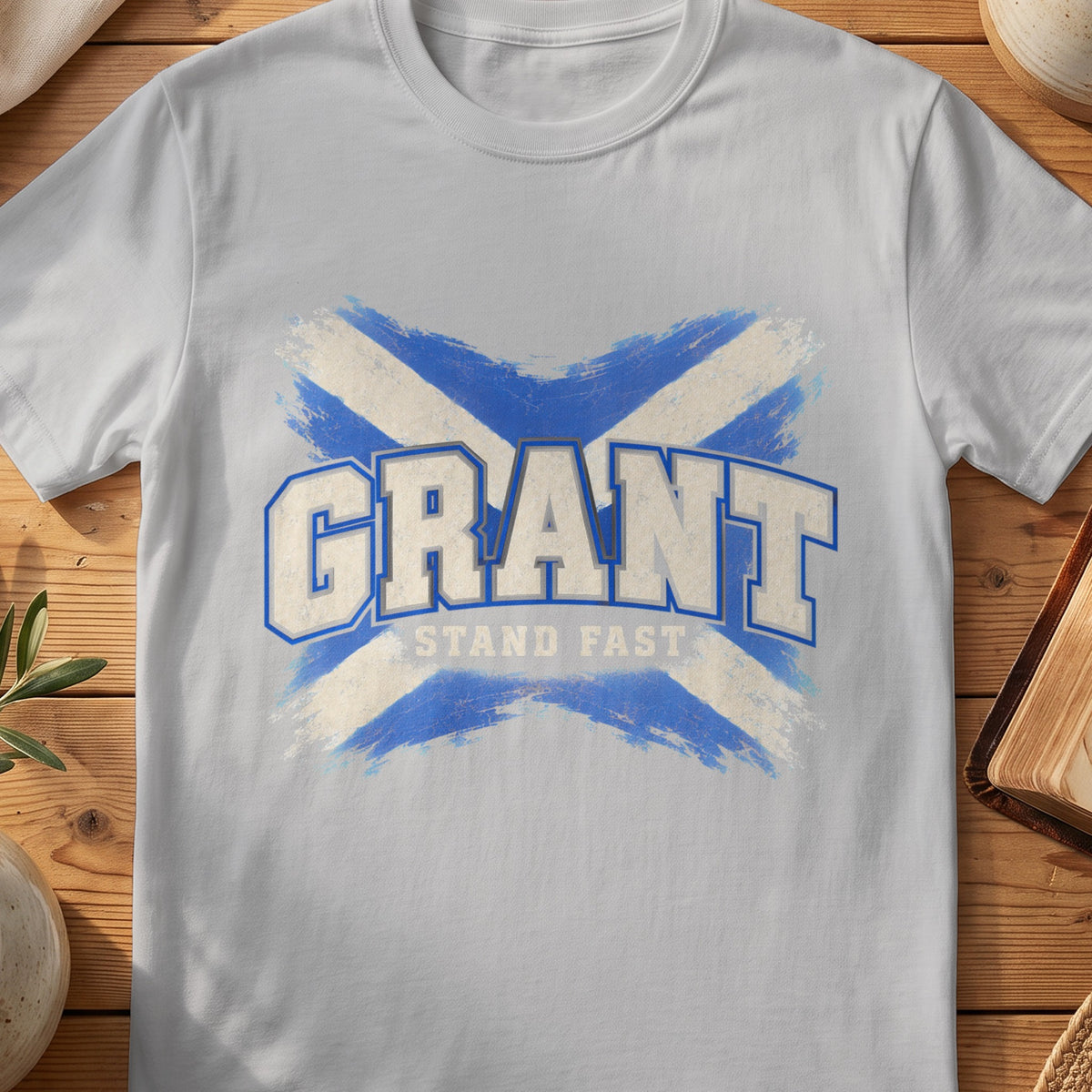 Grant Scottish Saltire T-shirt in Sport Grey, with distressed blue and cream flag and “Stand Fast” lettering.
