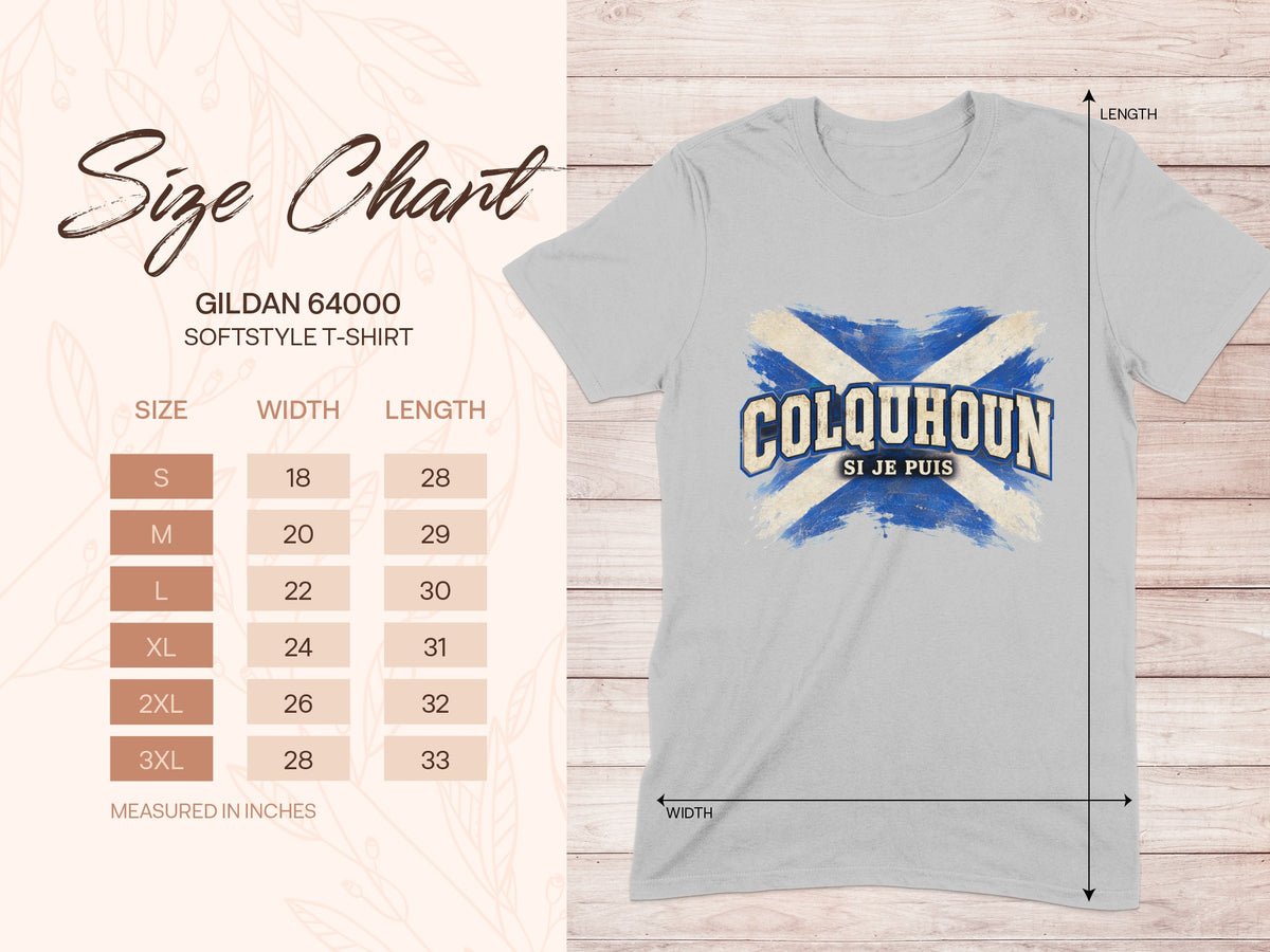 Gildan Softstyle 64000 size chart for the Colquhoun Saltire T-shirt, showing shirt width and length in inches.