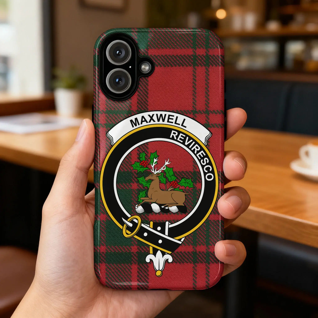 Clan Maxwell Reviresco stag crest tartan phone case — glossy full-wrap print on red tartan