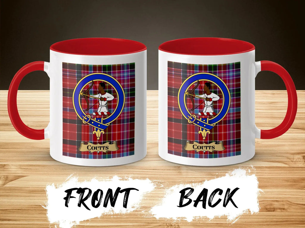 Coutts tartan-background crest mug shown as a Scottish heritage gift