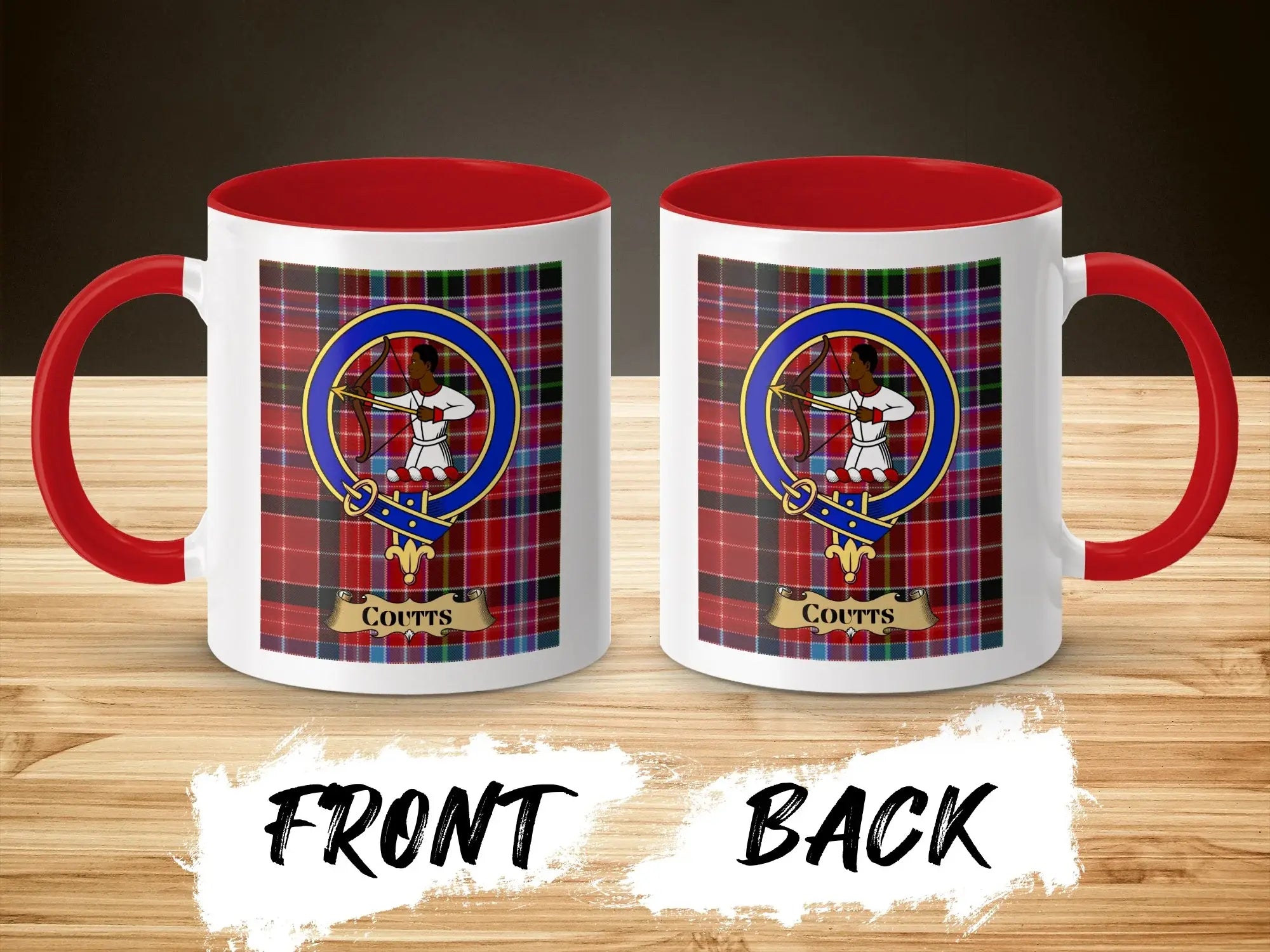 Coutts tartan-background crest mug shown as a Scottish heritage gift