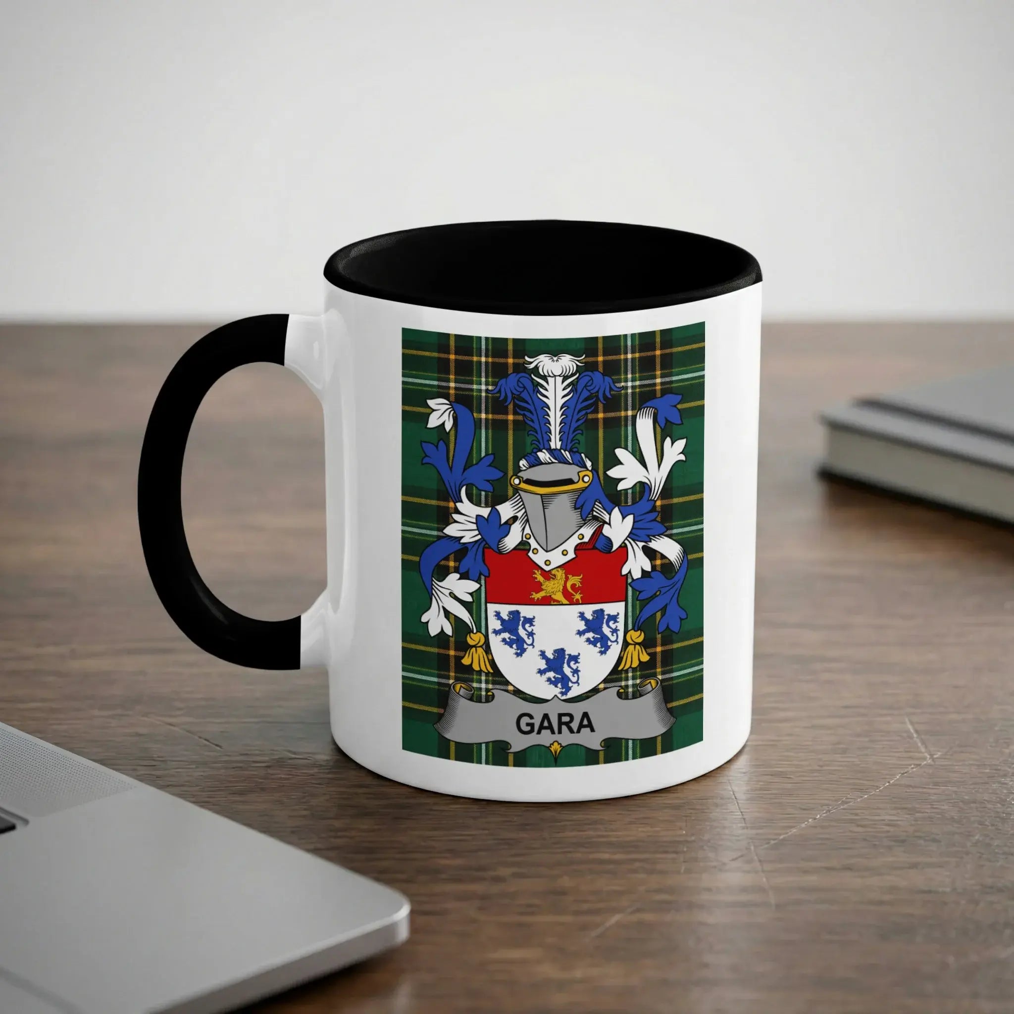 White mug with black handle displaying a coat of arms with "GARA" text.