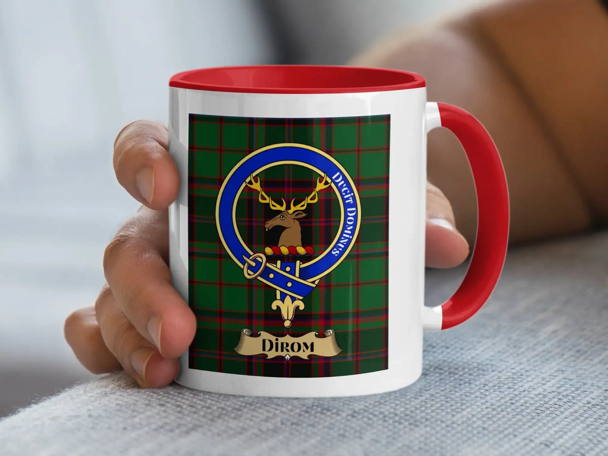 Red and Green Dirom Family Crest Plaid Mug