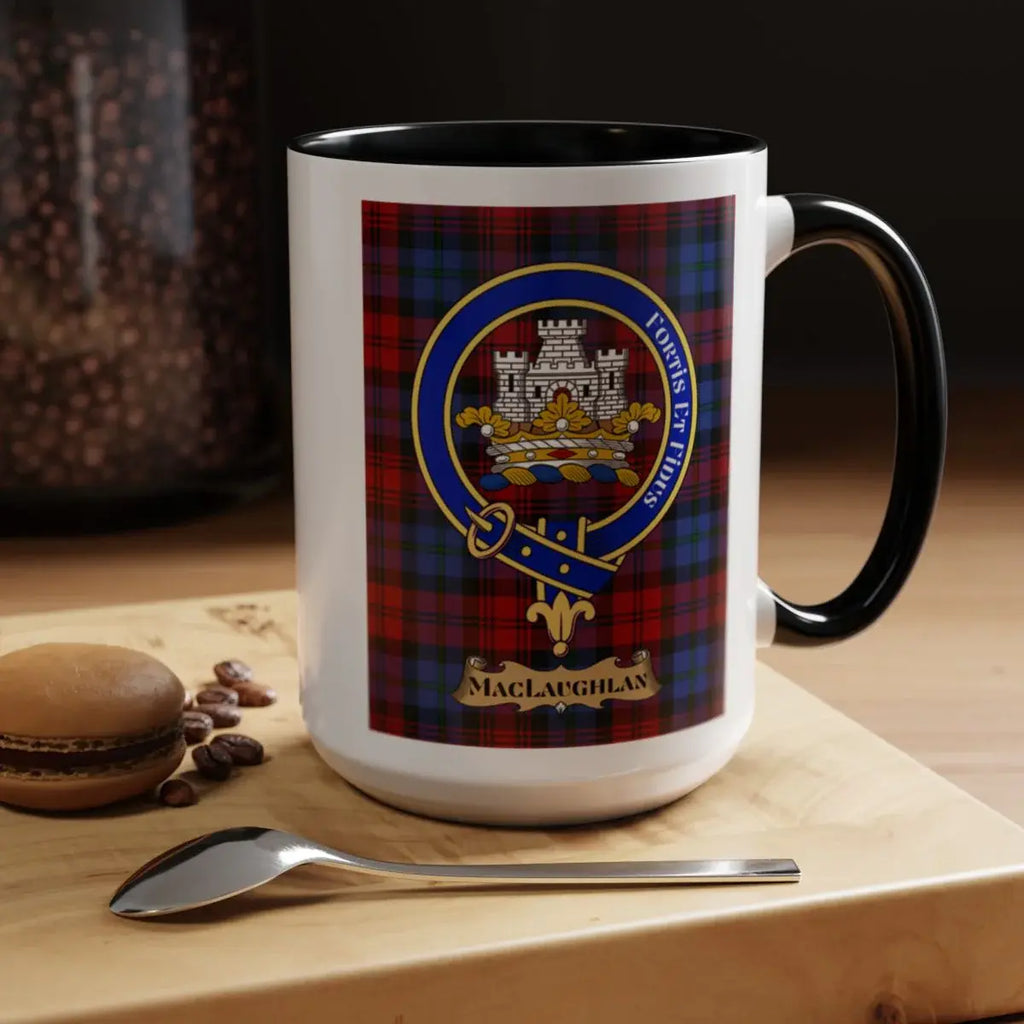 Close-up of the MacLaughlan clan crest printed on a ceramic mug
