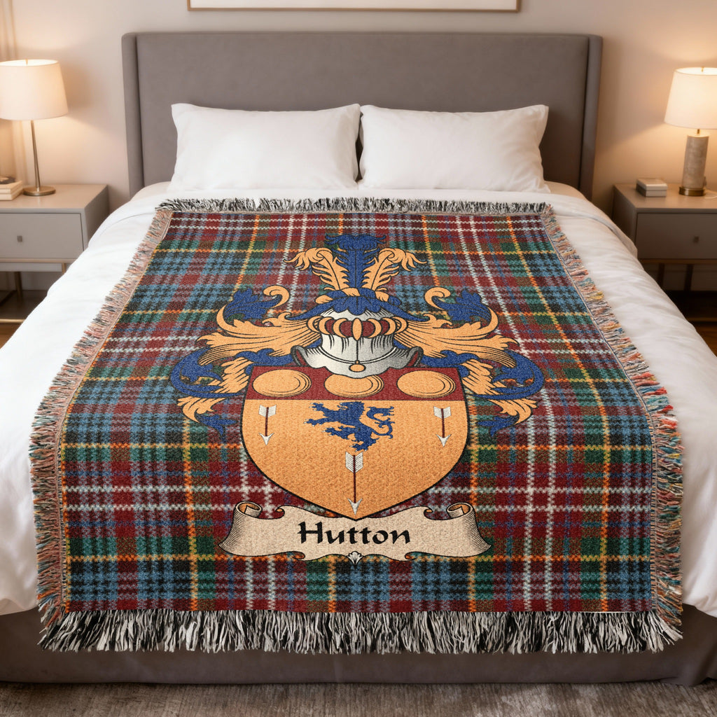 Hutton Caledonia tartan heritage woven throw blanket with family shield