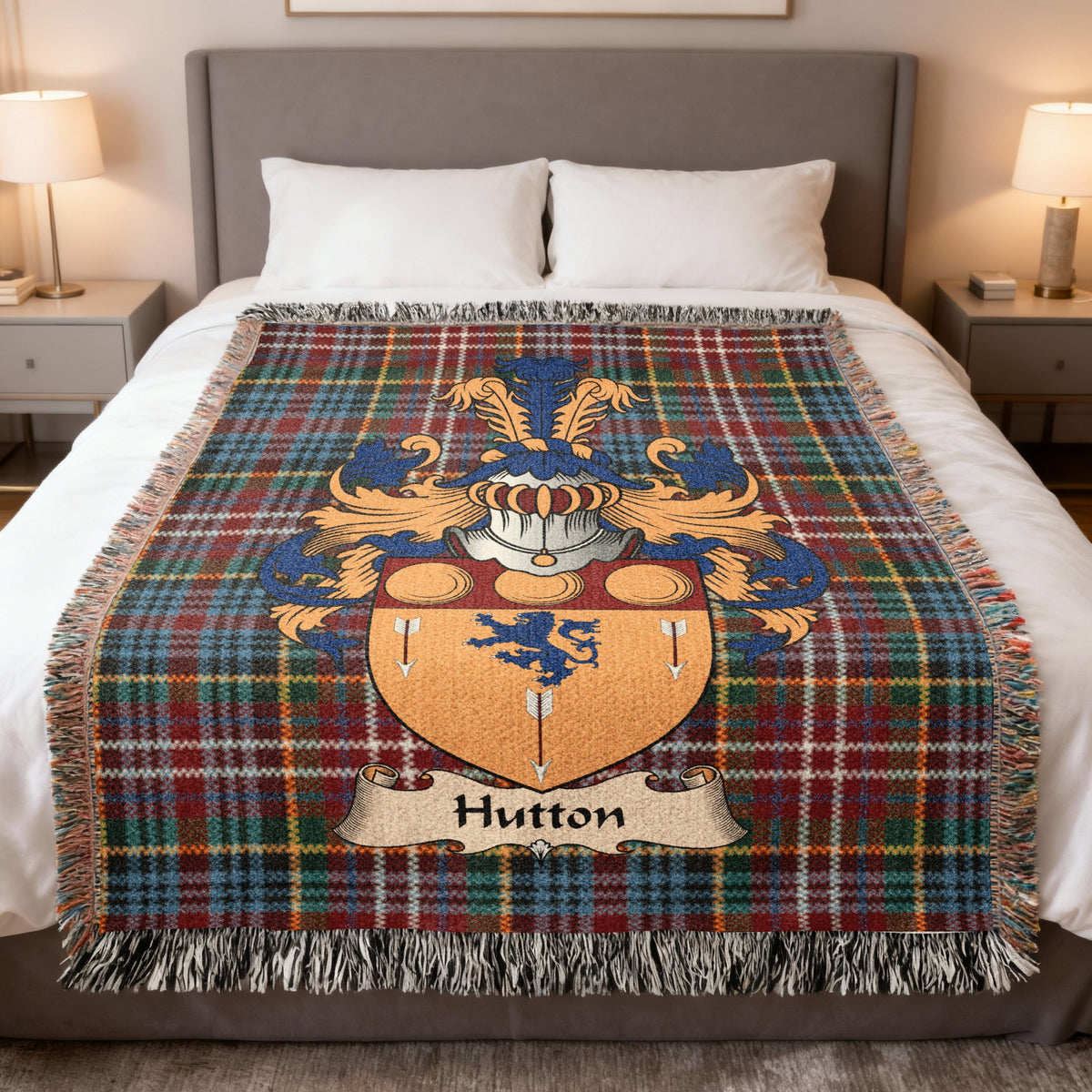 Hutton Caledonia tartan heritage woven throw blanket with family shield