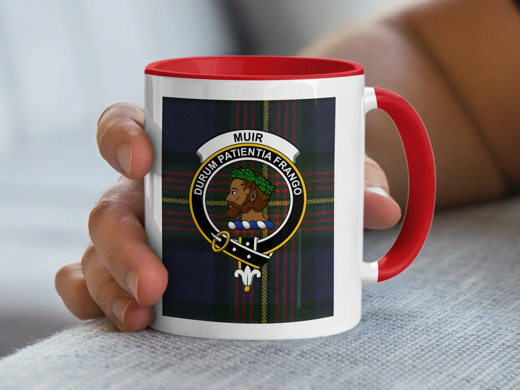 Muir Durum Patientia Frango clan crest coffee mug — 11oz ceramic with black handle and tartan