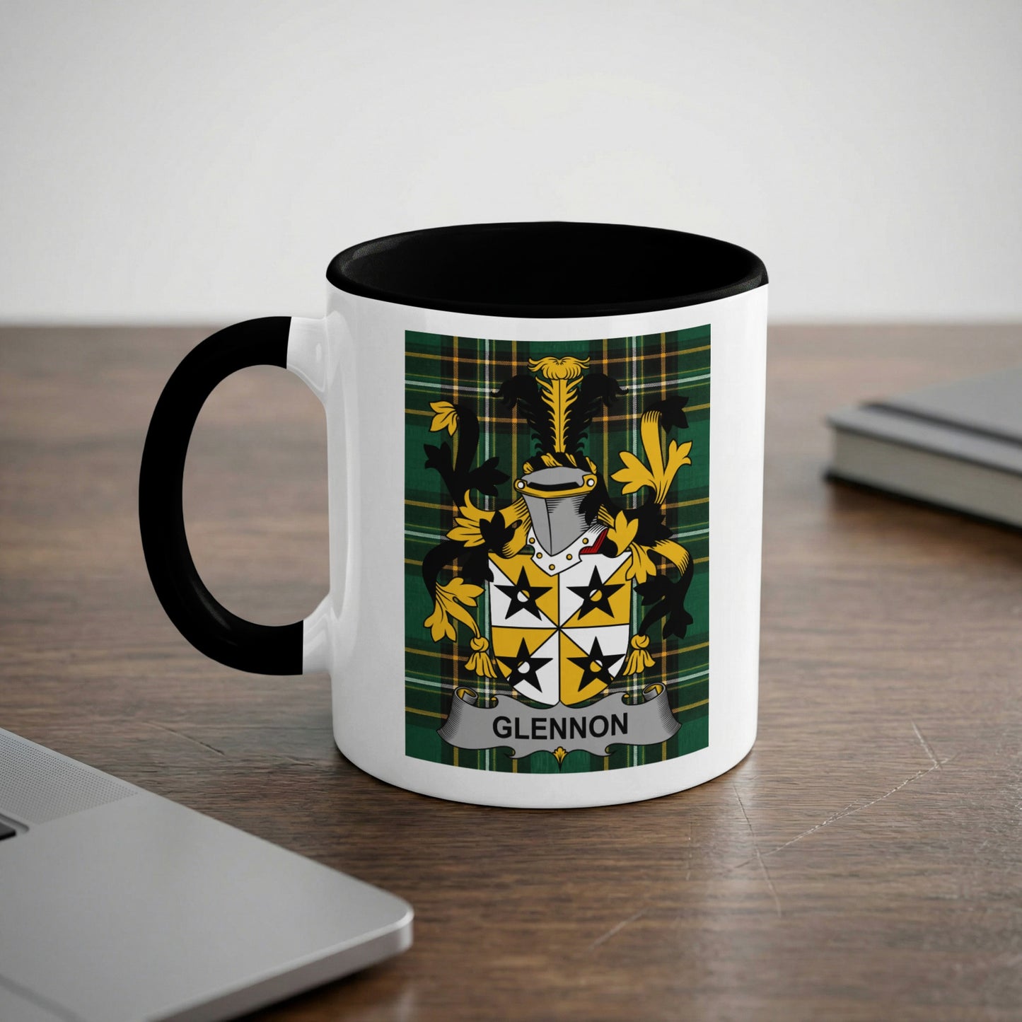Mug with the Glennon family crest featuring a shield with stars and a checkered pattern.