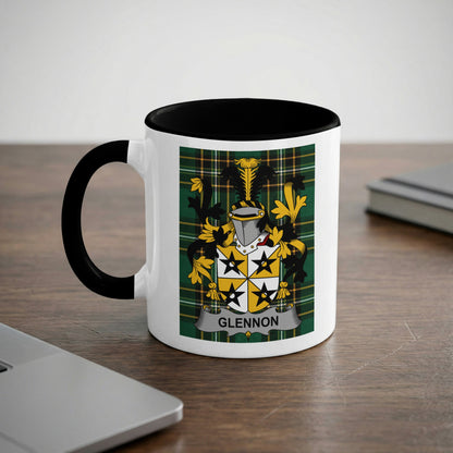 Mug with the Glennon family crest featuring a shield with stars and a checkered pattern.