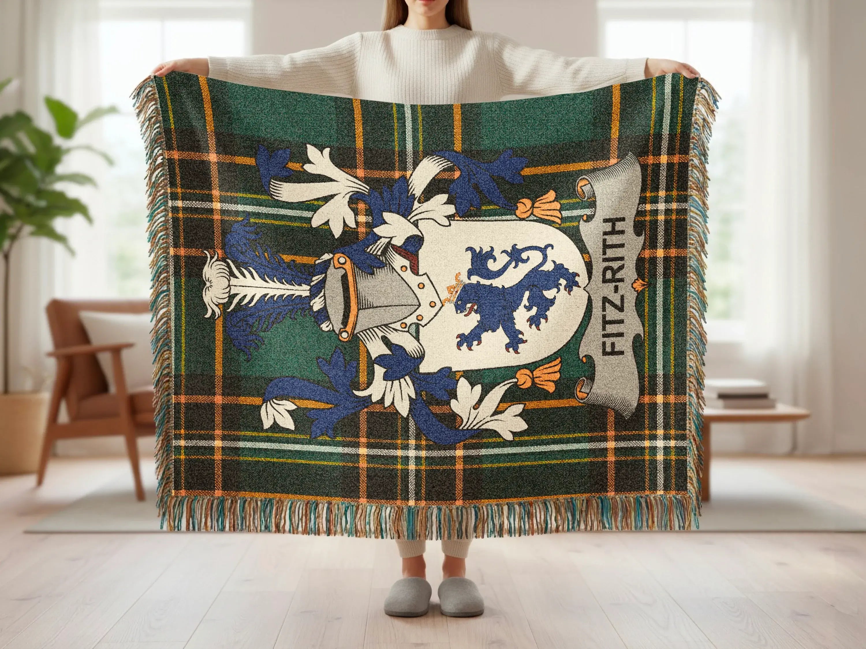 Tartan blanket with blue lion crest and "Fitz-Rith" text.